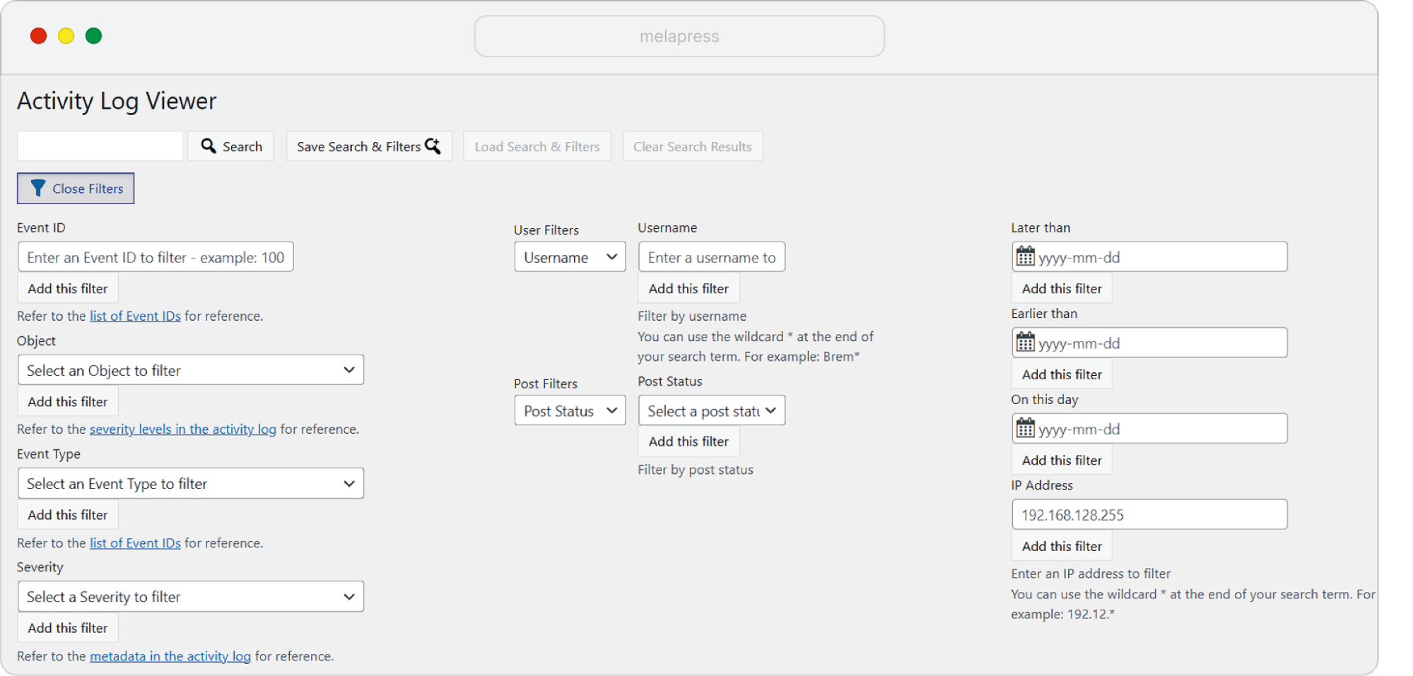 WP Activity Log filters screenshot
