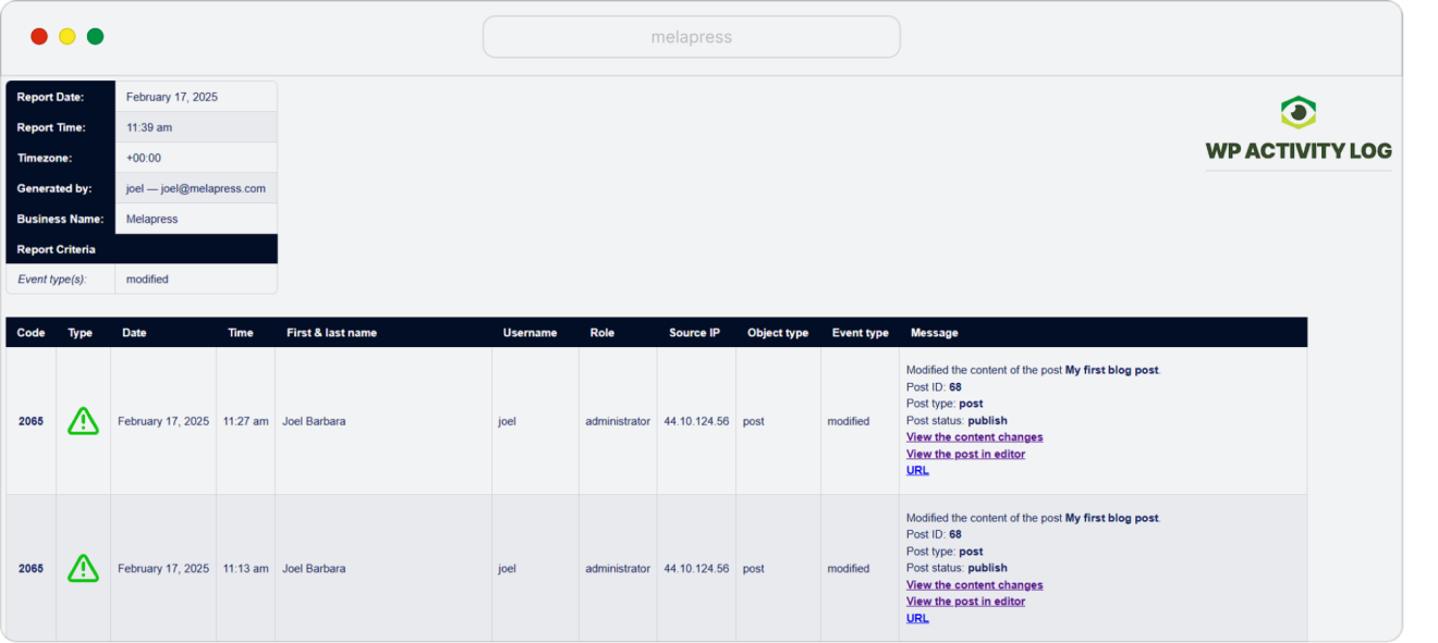WP Activity Log screenshot