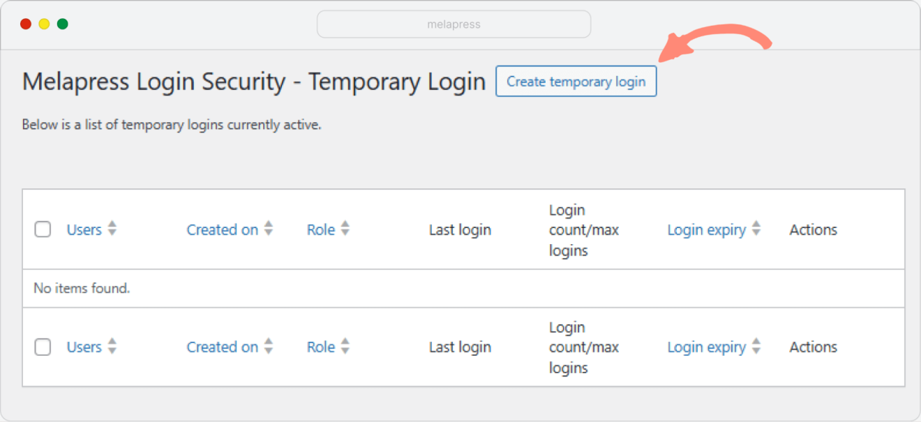 Screenshot showing the create temporary login button