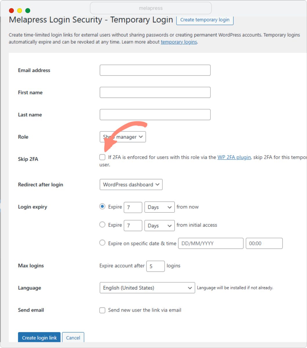 The "skip 2FA" checkbox in Melapress Login Security temporary login section