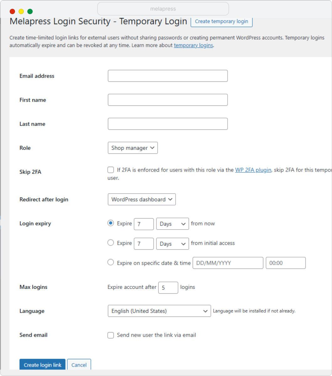 Melapress login security UI for temporary logins