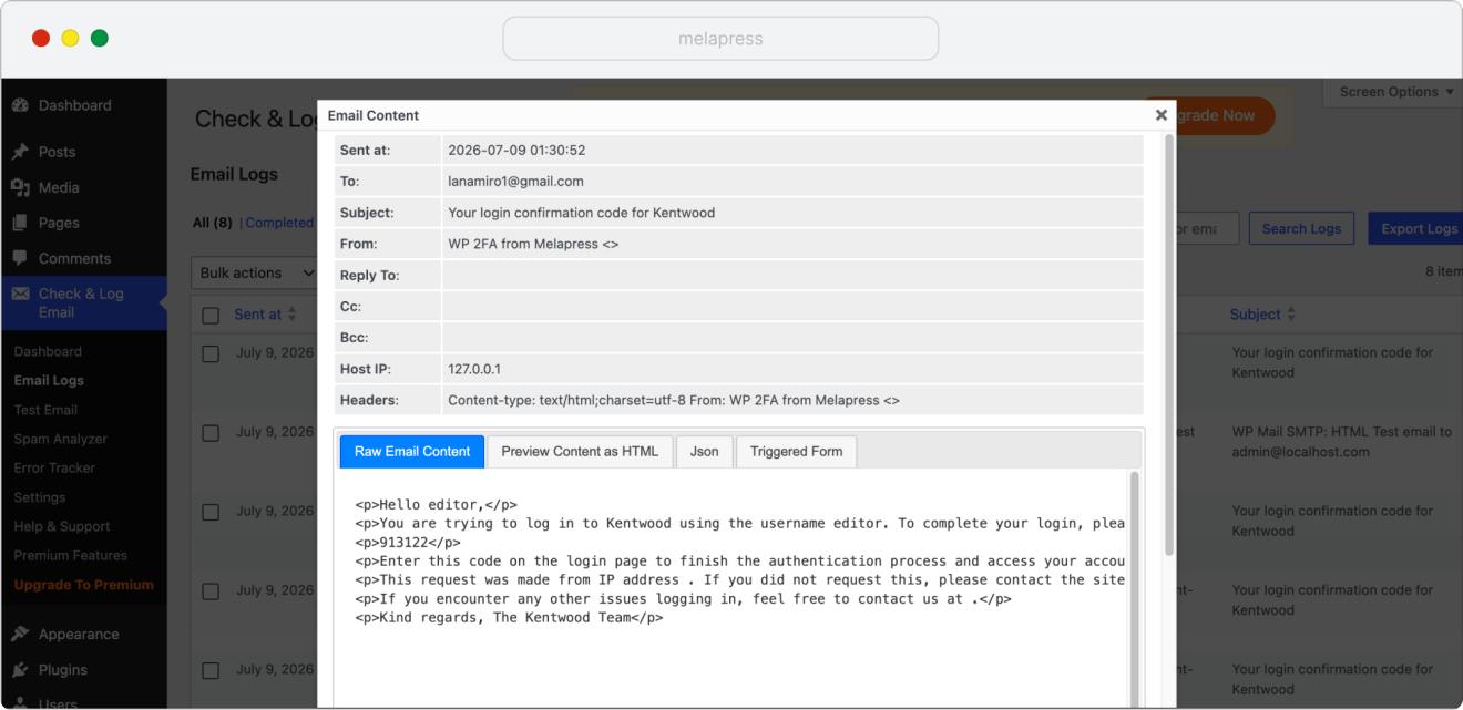 email content popup in email logs