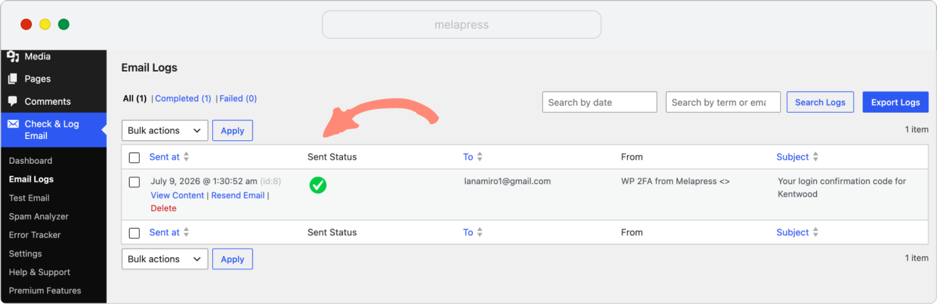 checking if email send in email logs