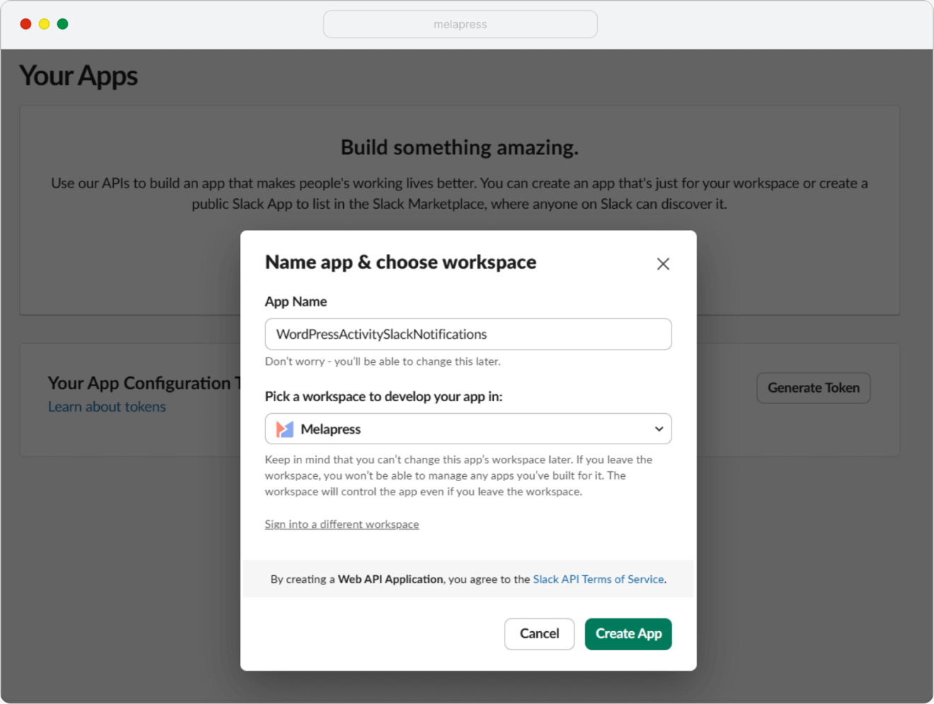 Screenshot showing Slack app final configuration