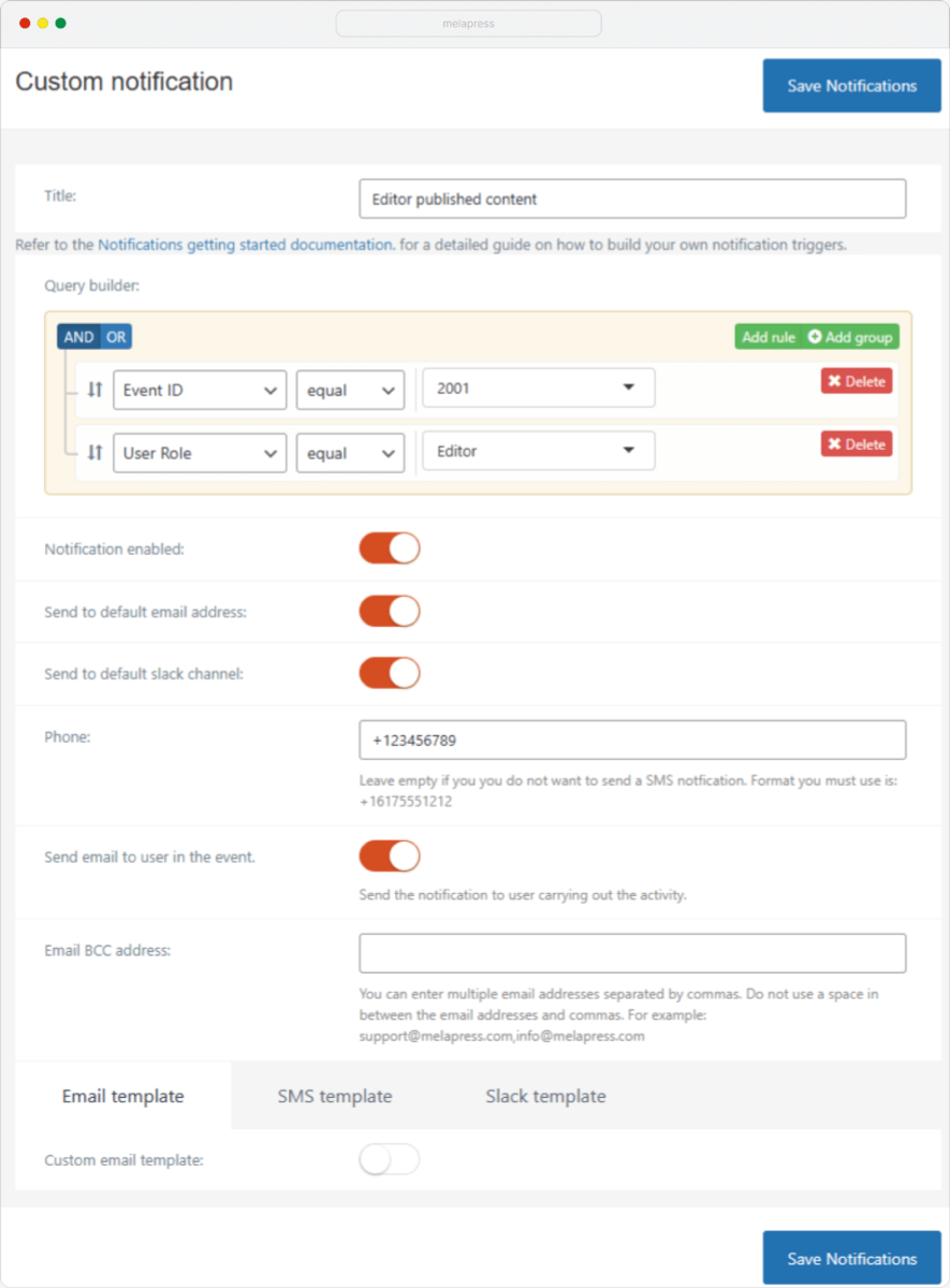 A screenshot showing available options when configuring a custom WordPress activity event