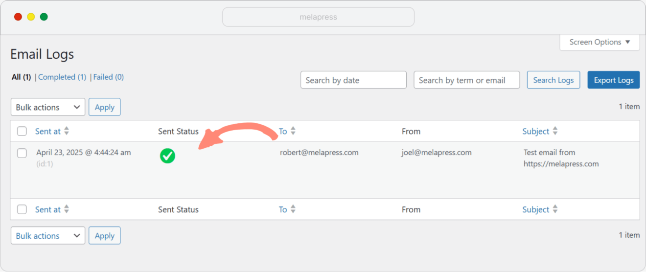 A screenshot showing WordPress email logs