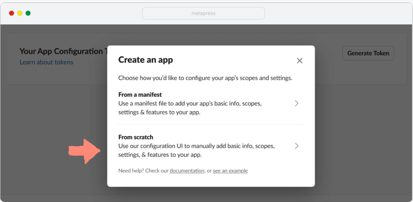Screenshot showing Slack app creation options