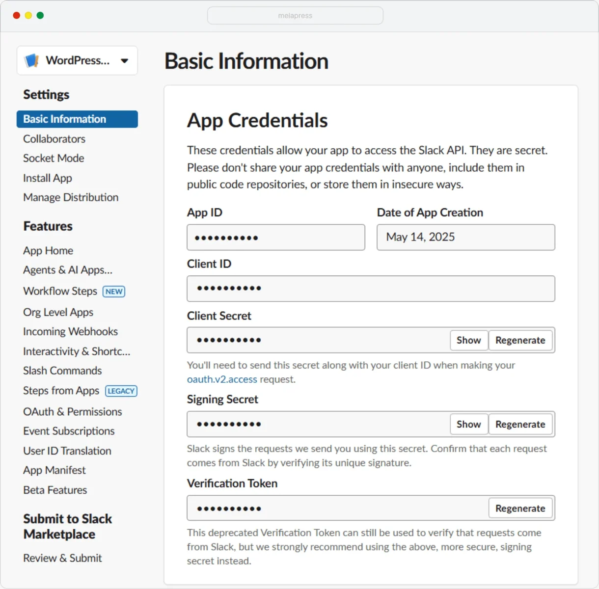 Screenshot showing Slack app Basic Information screen