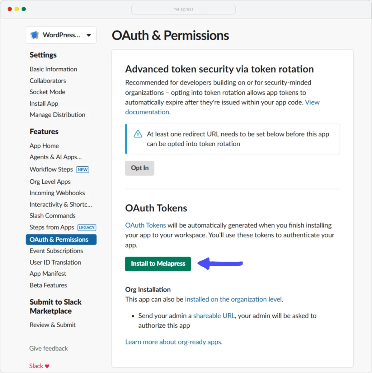 Screenshot showing Slack app installation button