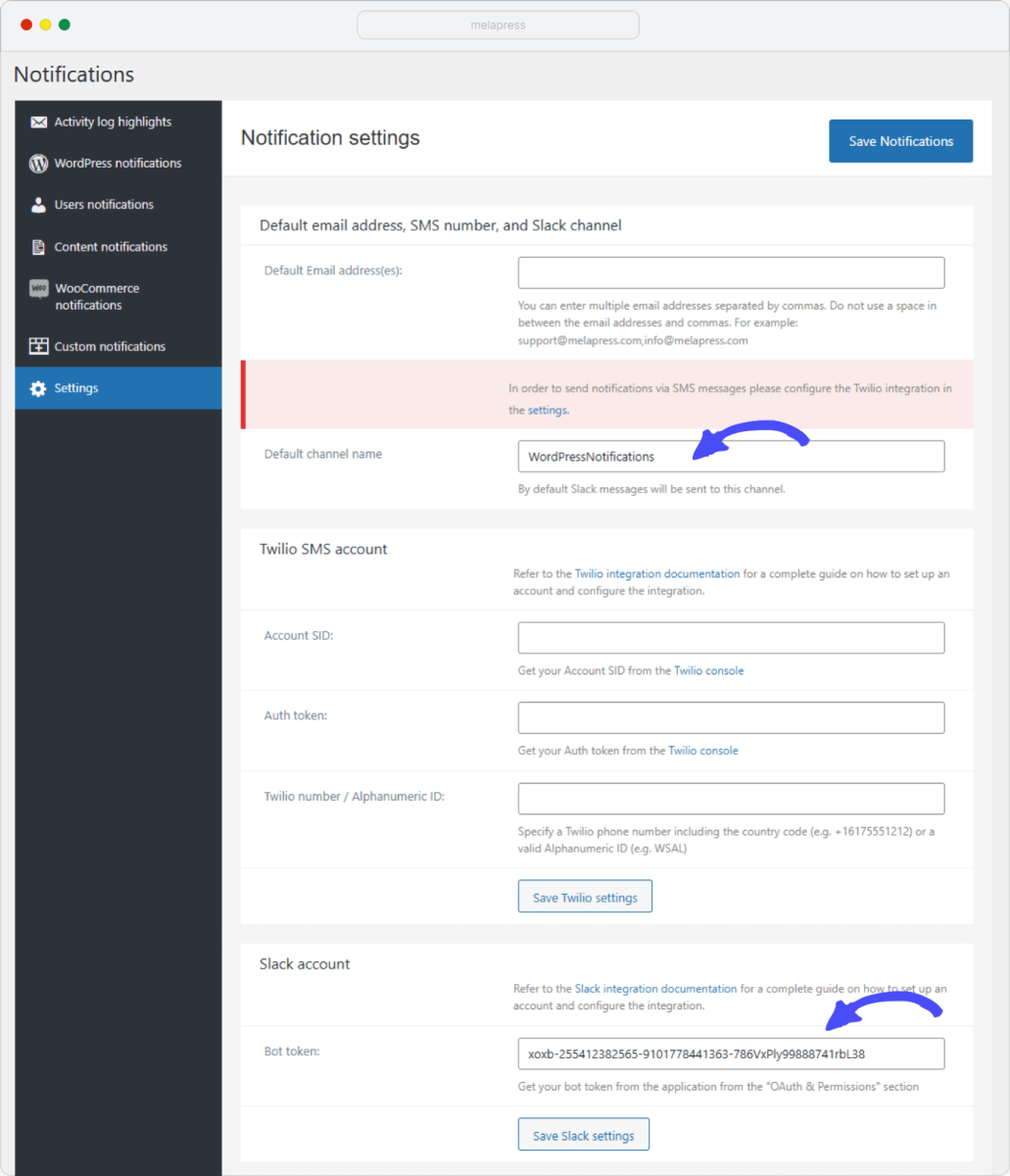 Screenshot showing Slack integration options in WP Activity Log