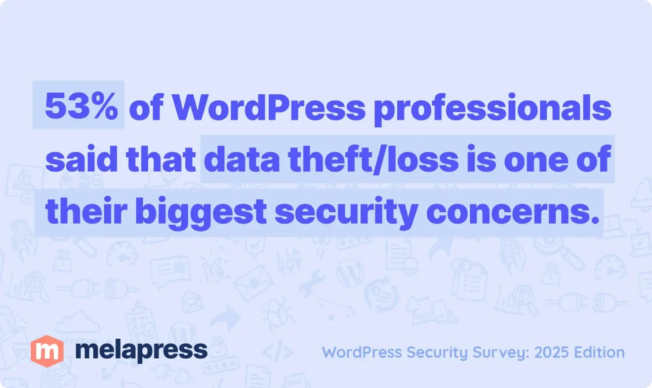 Infographic from the 2025 WordPress Security Survey by Melapress stating that 53 percent of WordPress professionals said that data theft or loss is one of their biggest security concerns.