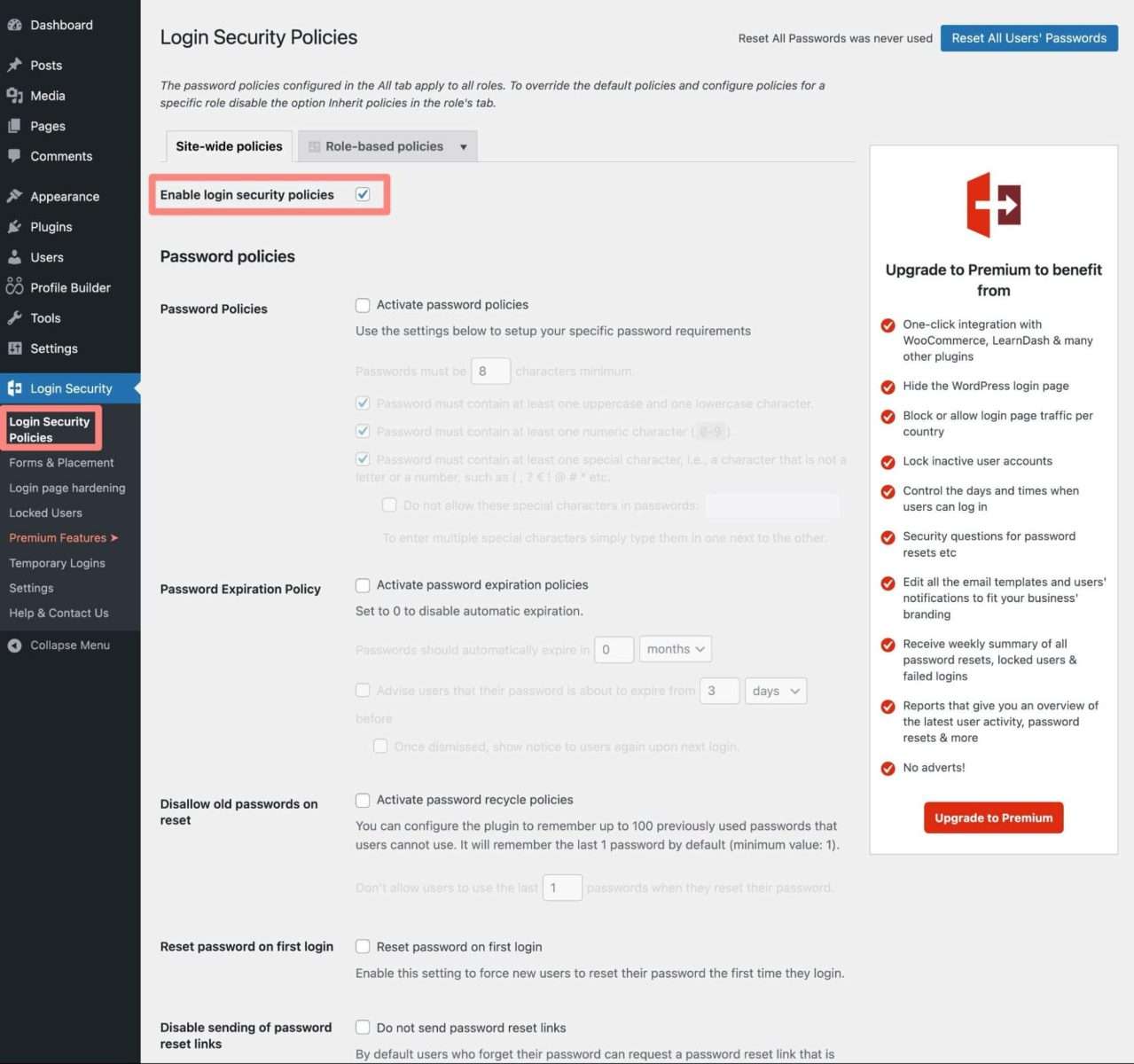 A screenshot of login security policies