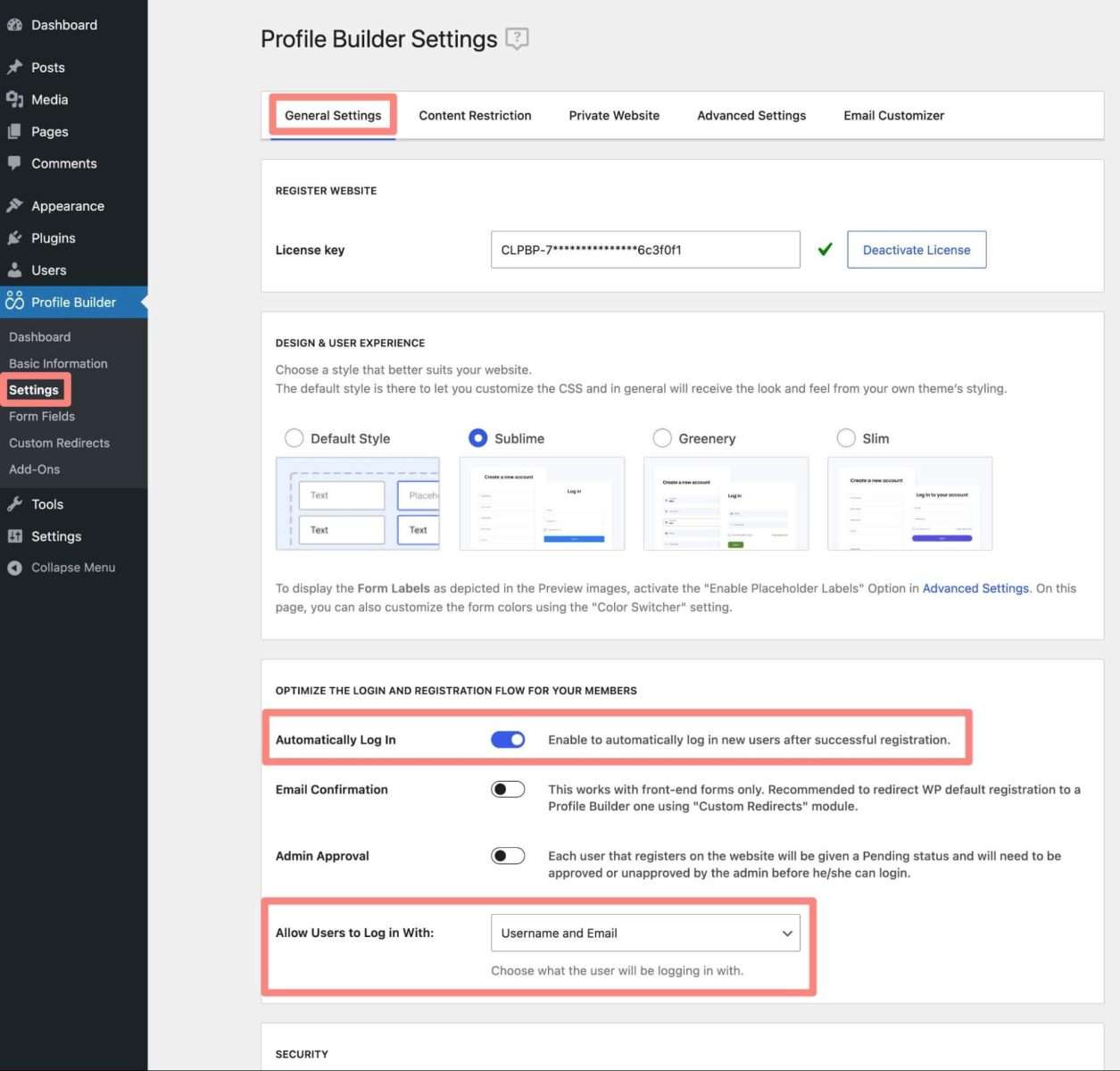 profile builder general settings