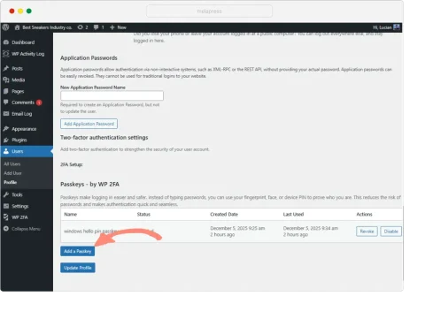 A screenshot of add passkey button