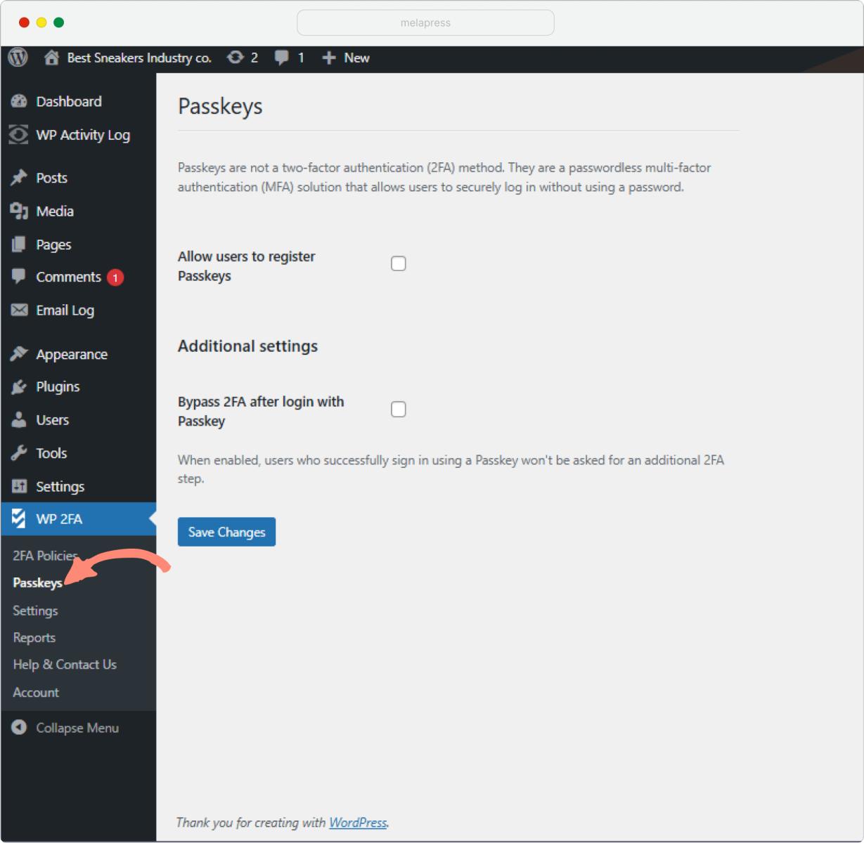 a screenshot of admin menu with passkeys