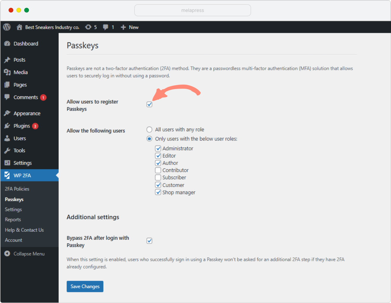 a screenshot of passkeys settings with allow users to register checkbox