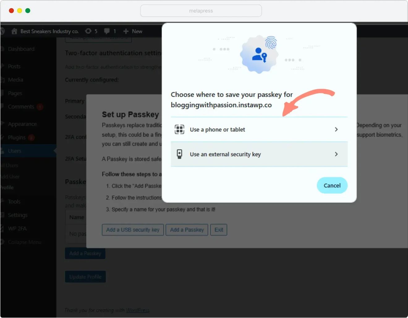 a screenshot of a prompt with available passkey methods