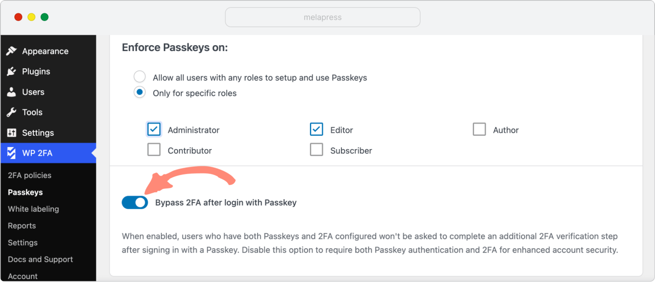 a screenshot of passkeys settings with bypass 2fa after login with passkey checkbox