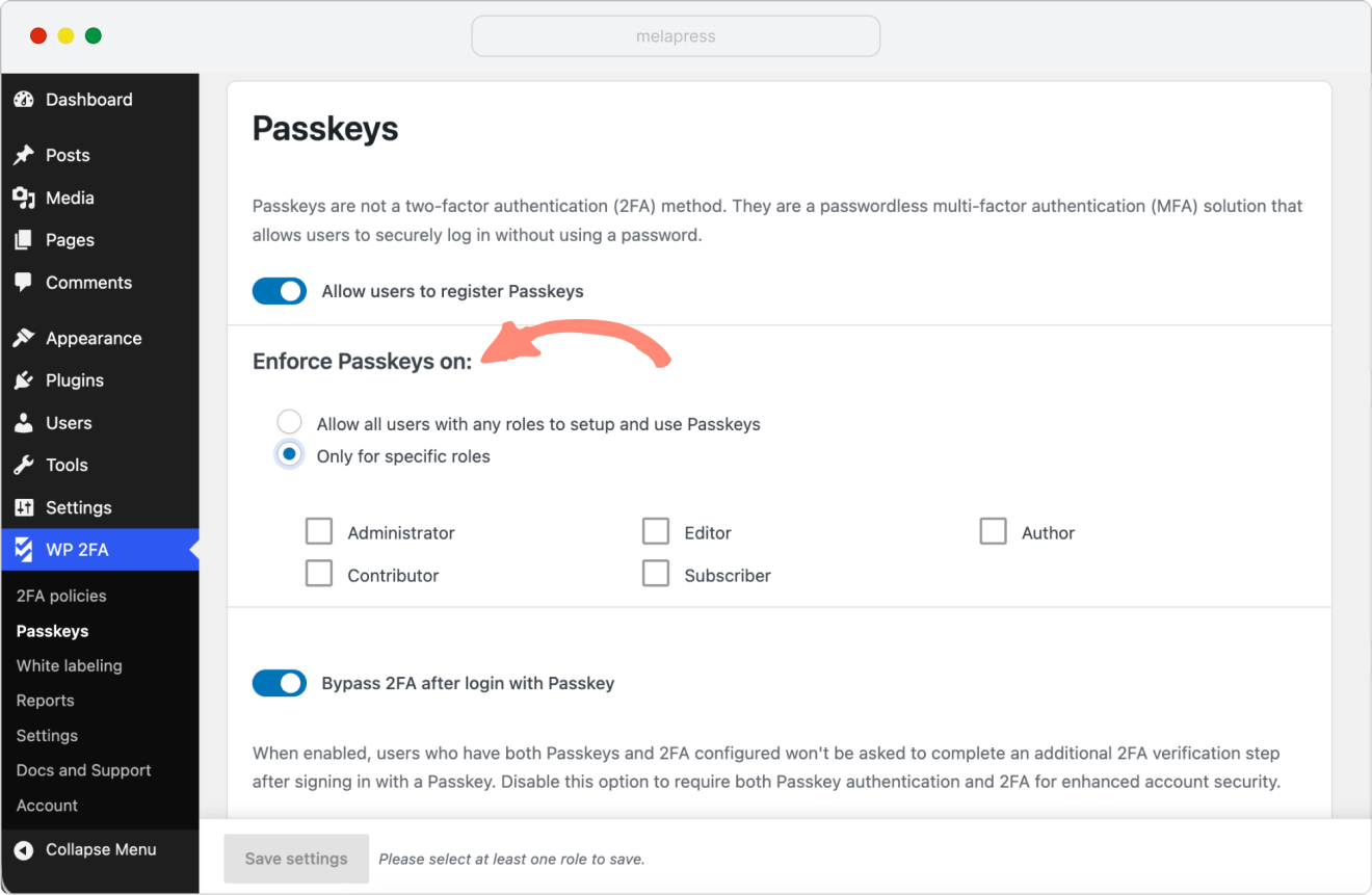 a screenshot of passkeys settings with user roles checkboxes