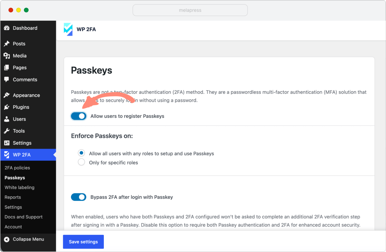 enable passkeys settings in WP 2FA