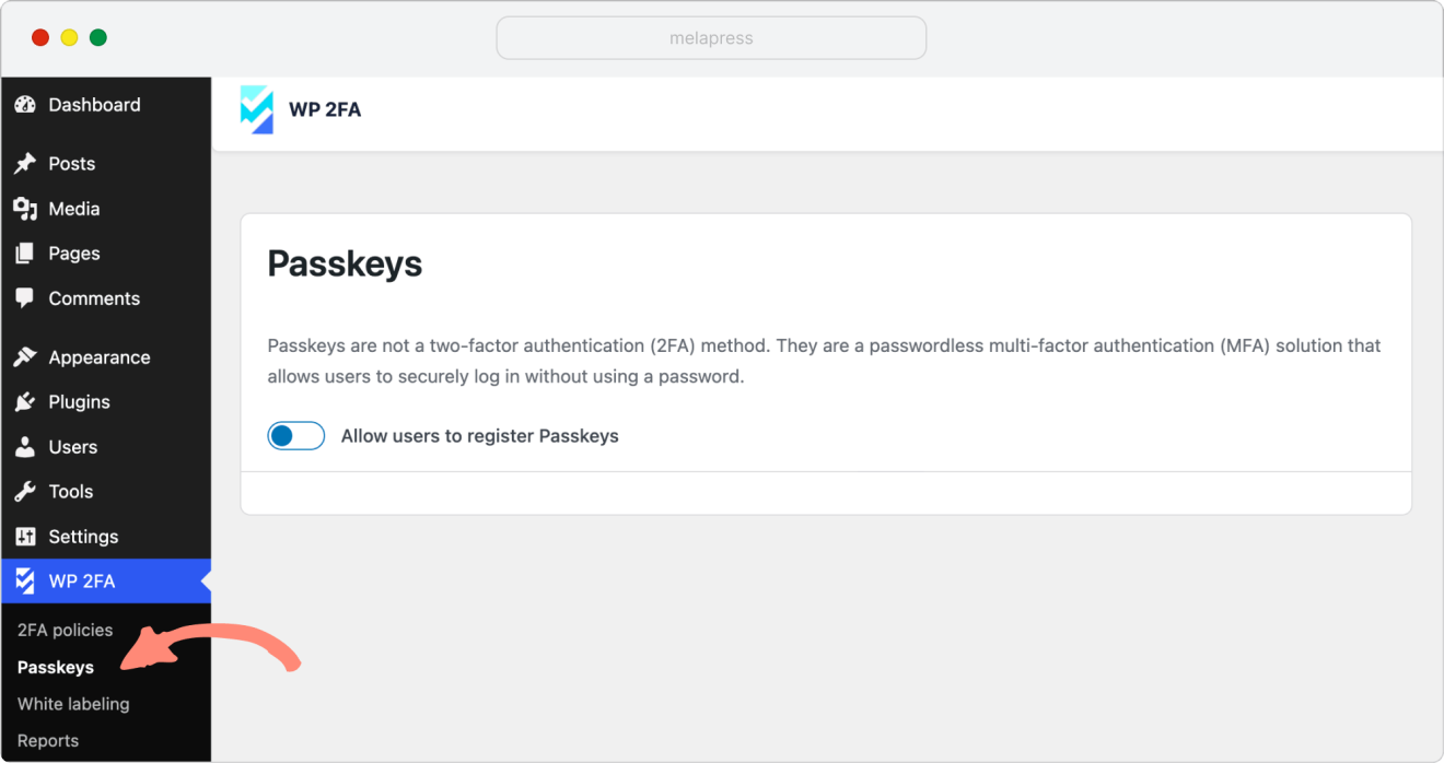 a screenshot of admin menu with passkeys