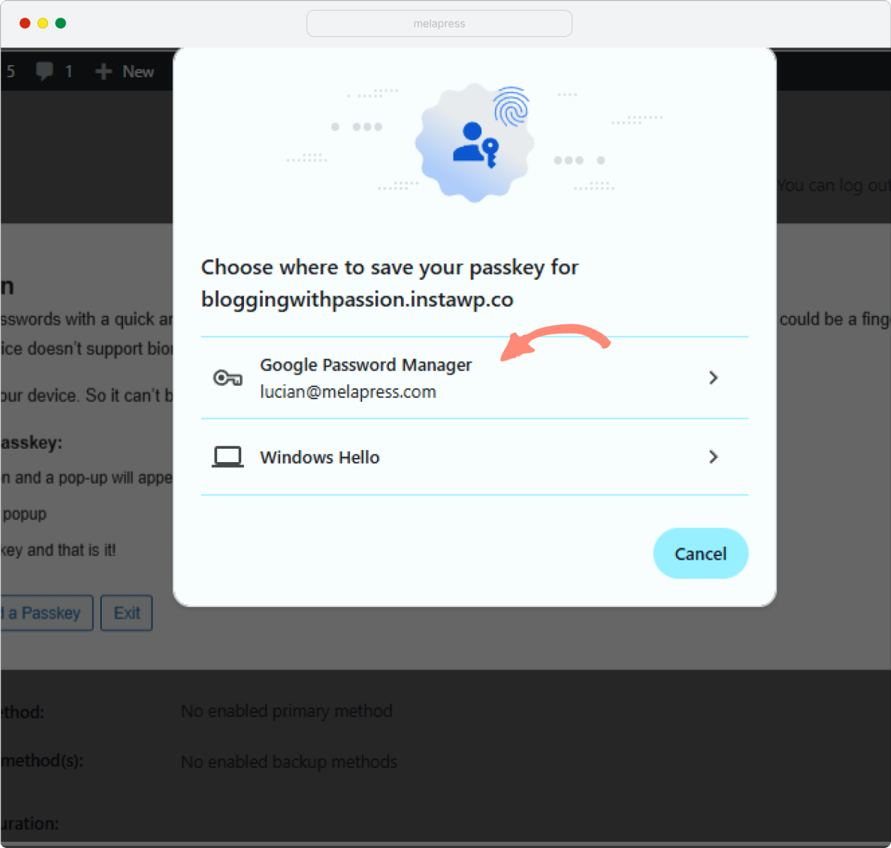 a screenshot of where to save your passkey