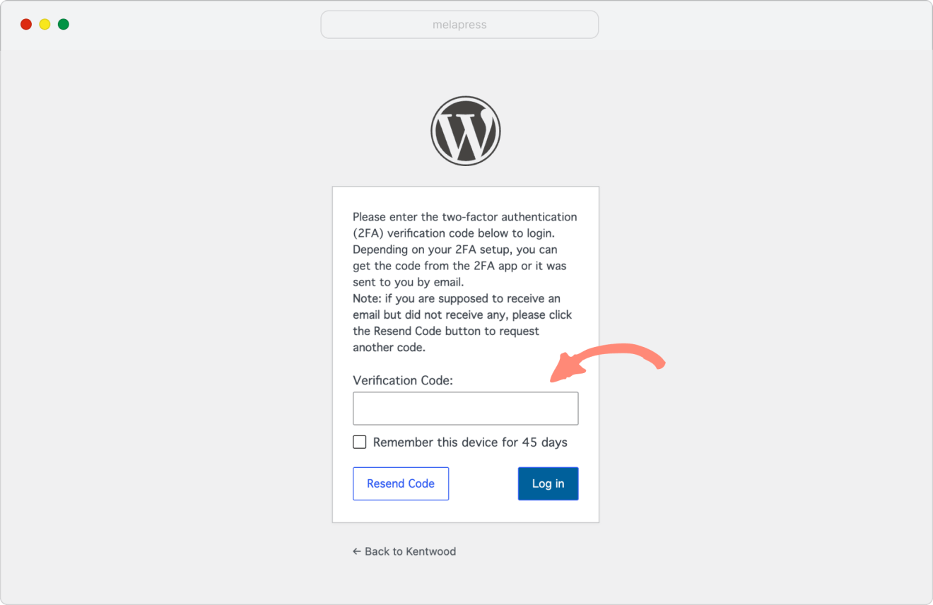 WordPress log in screen when 2fa email verification is enabled