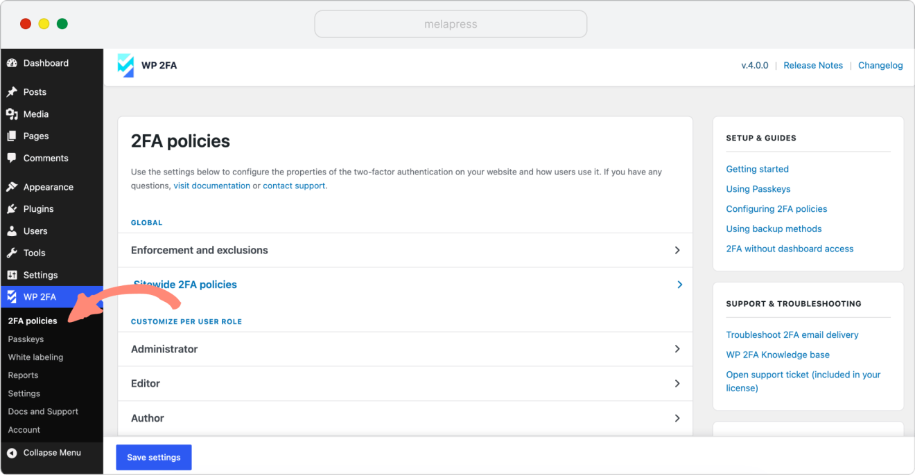 WP 2FA policies tab