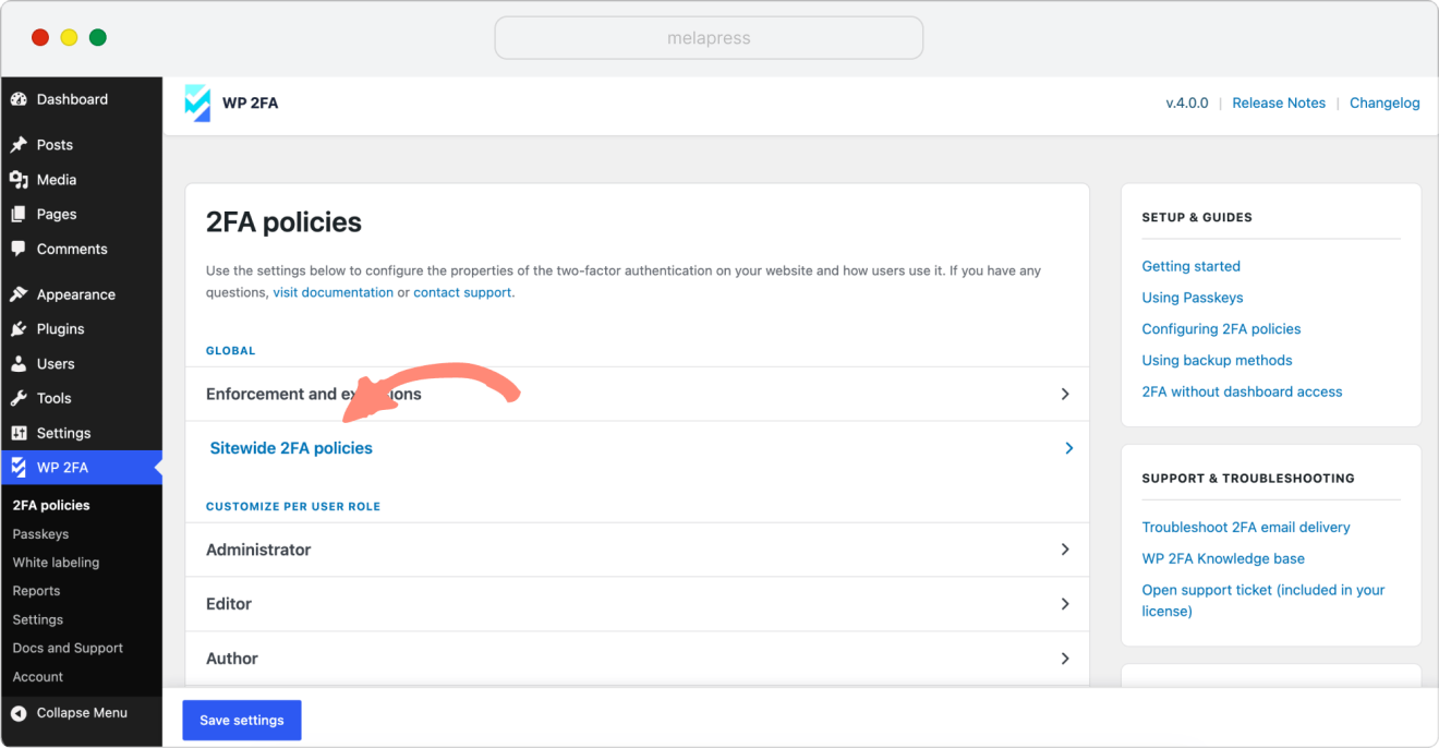 WP 2FA sitewide policies tab location