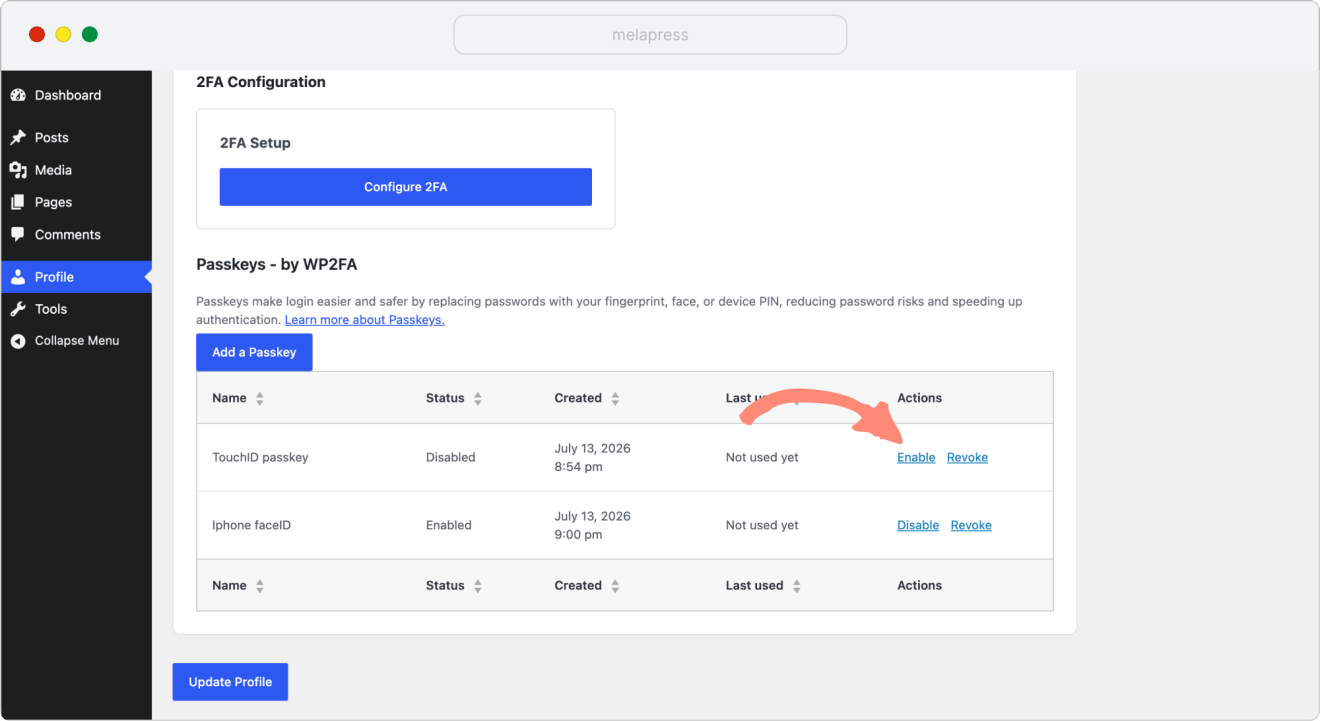 a screenshot of enabling the passkey