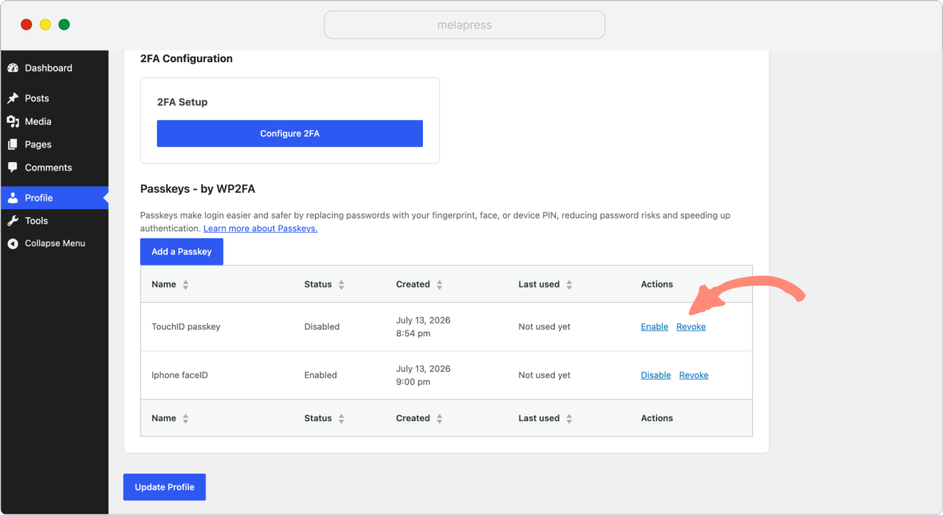 a screenshot of revoking the passkey