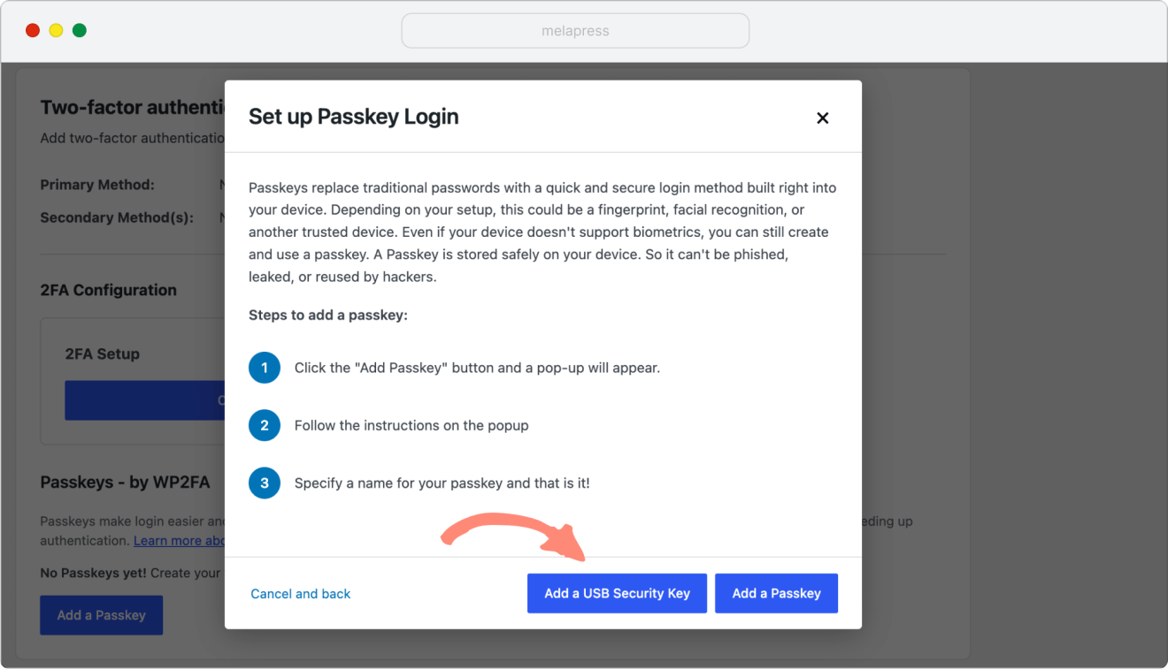 A screenshot of set up passkey login tab