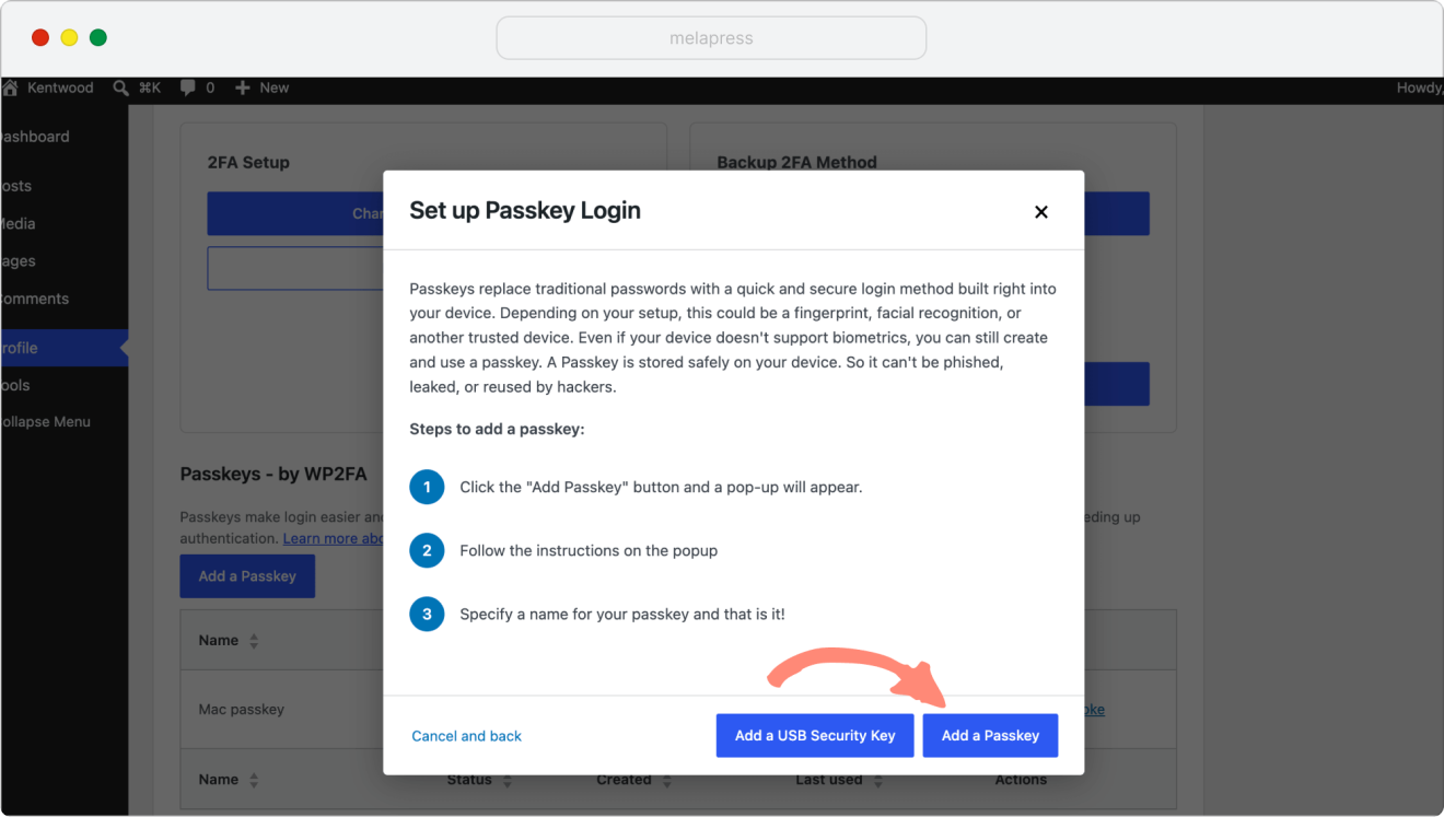 choose add a passkey option screen