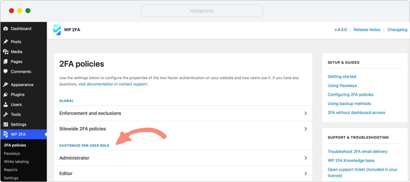 option to customize 2fa policies per user role in WP 2FA plugin