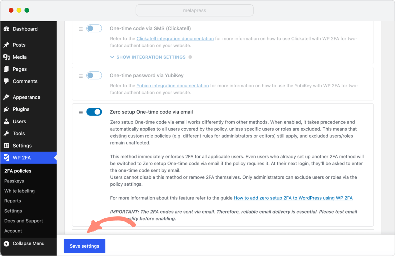 enable zero setup One-time code via email option and save settings