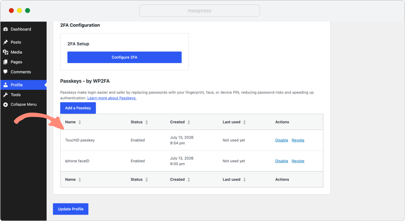 managing passkeys in WP 2FA plugin