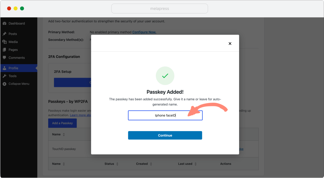 example of naming passkey as iphone faceid