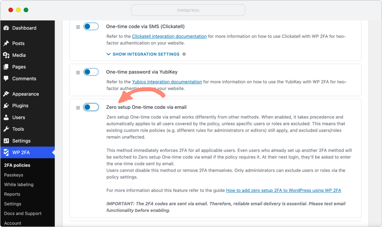 zero setup one-time code via email setting in WP 2FA plugin