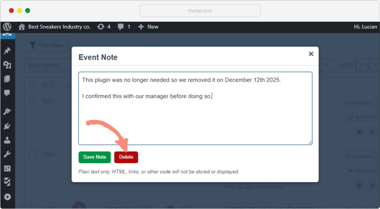 delete event note in WP Activity Log 