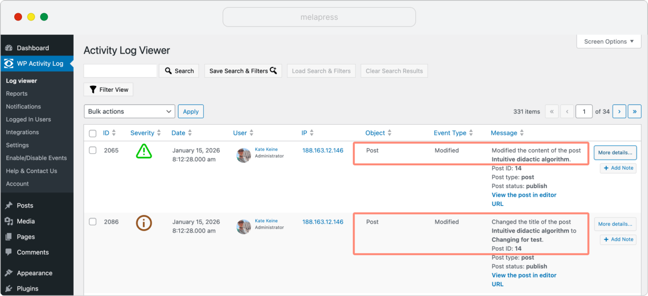 content edits log in WP Activity plugin