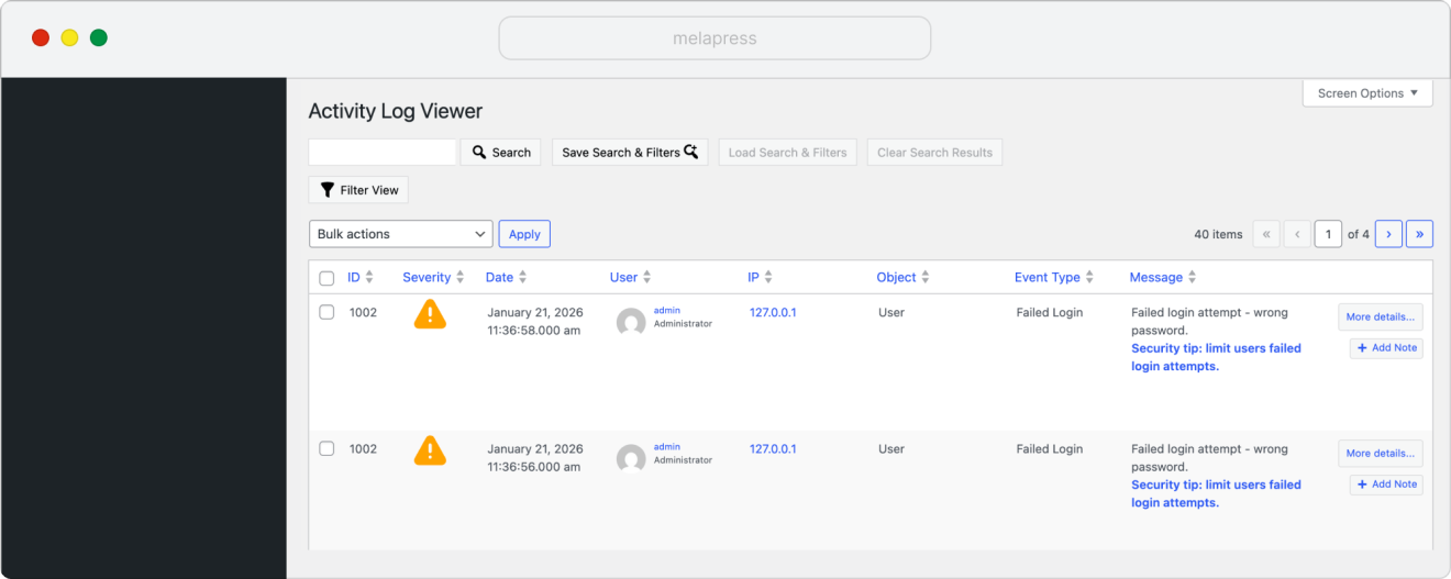 failed login attempts in Activity Log Viewer