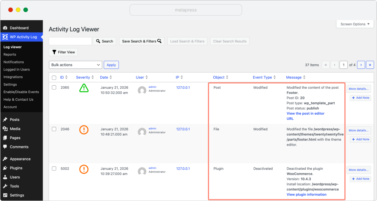 WordPress plugin deactivation in Activity Log Viewer
