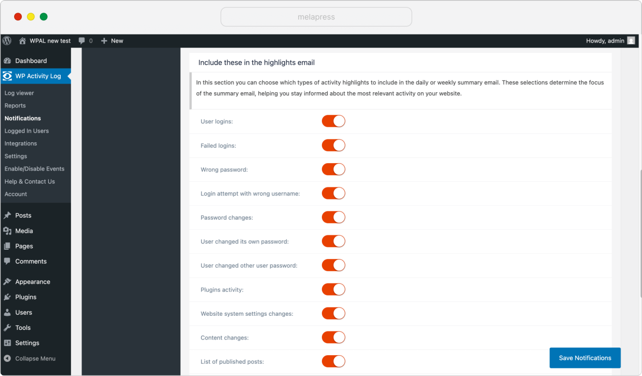 configuring notifications in WP Activity Log plugin