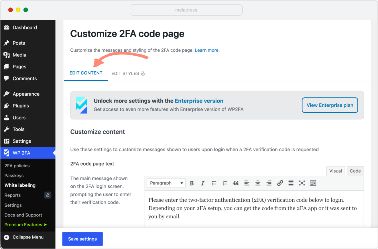edit content of 2fa code page 