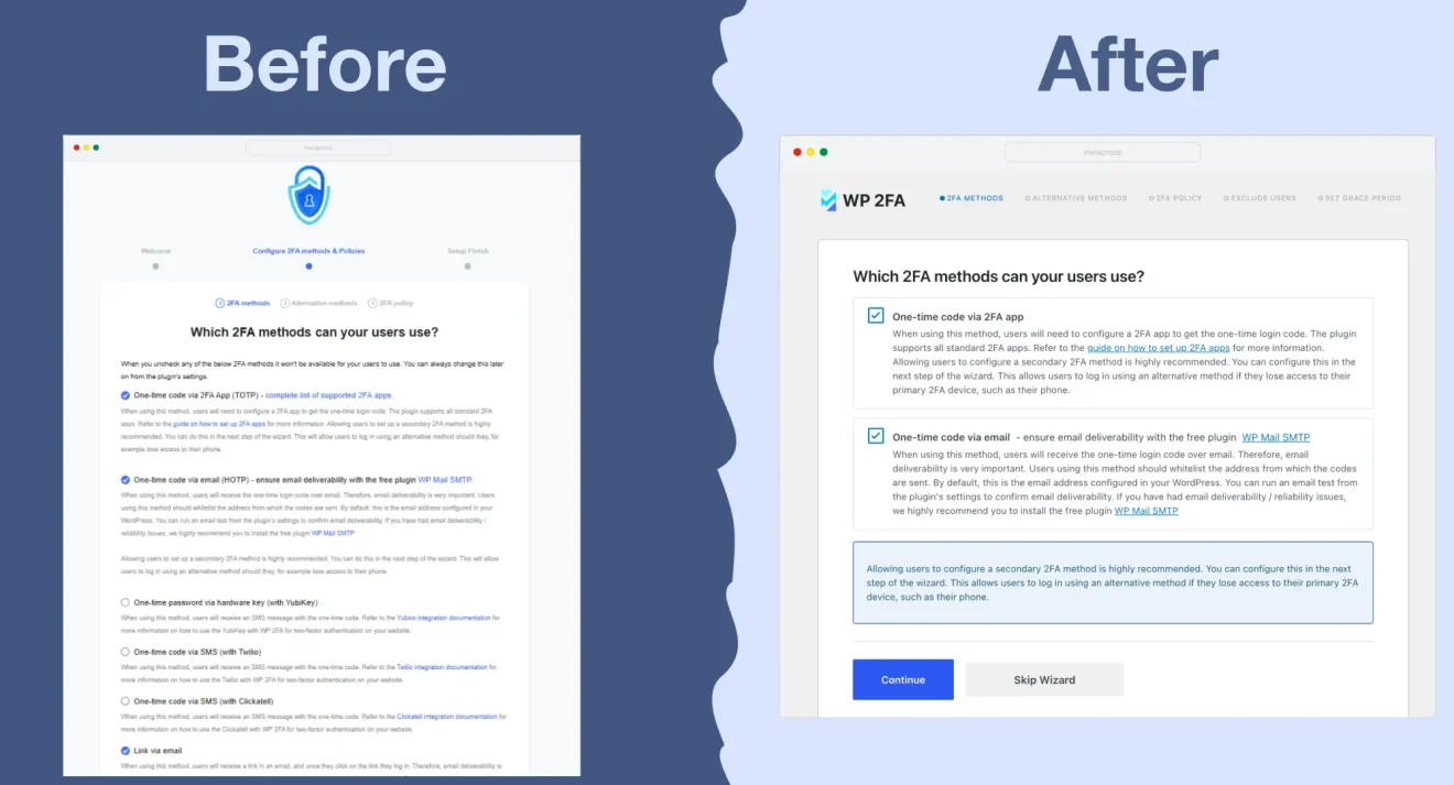 before and after comparison of the WP 2FA interface in version 4.0.0