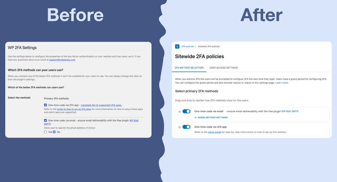 before and after comparison of the WP 2FA settings interface