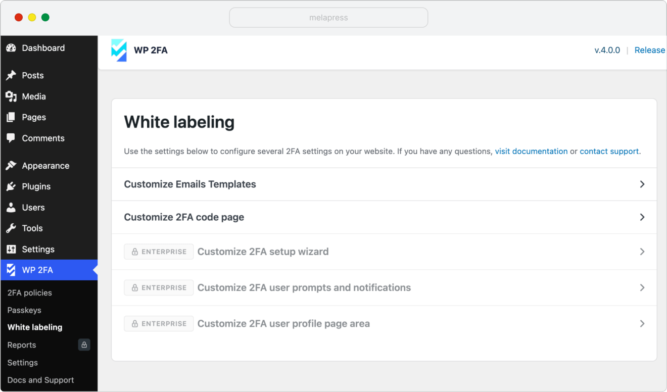 WP 2FA white labeling options in different plugin versions