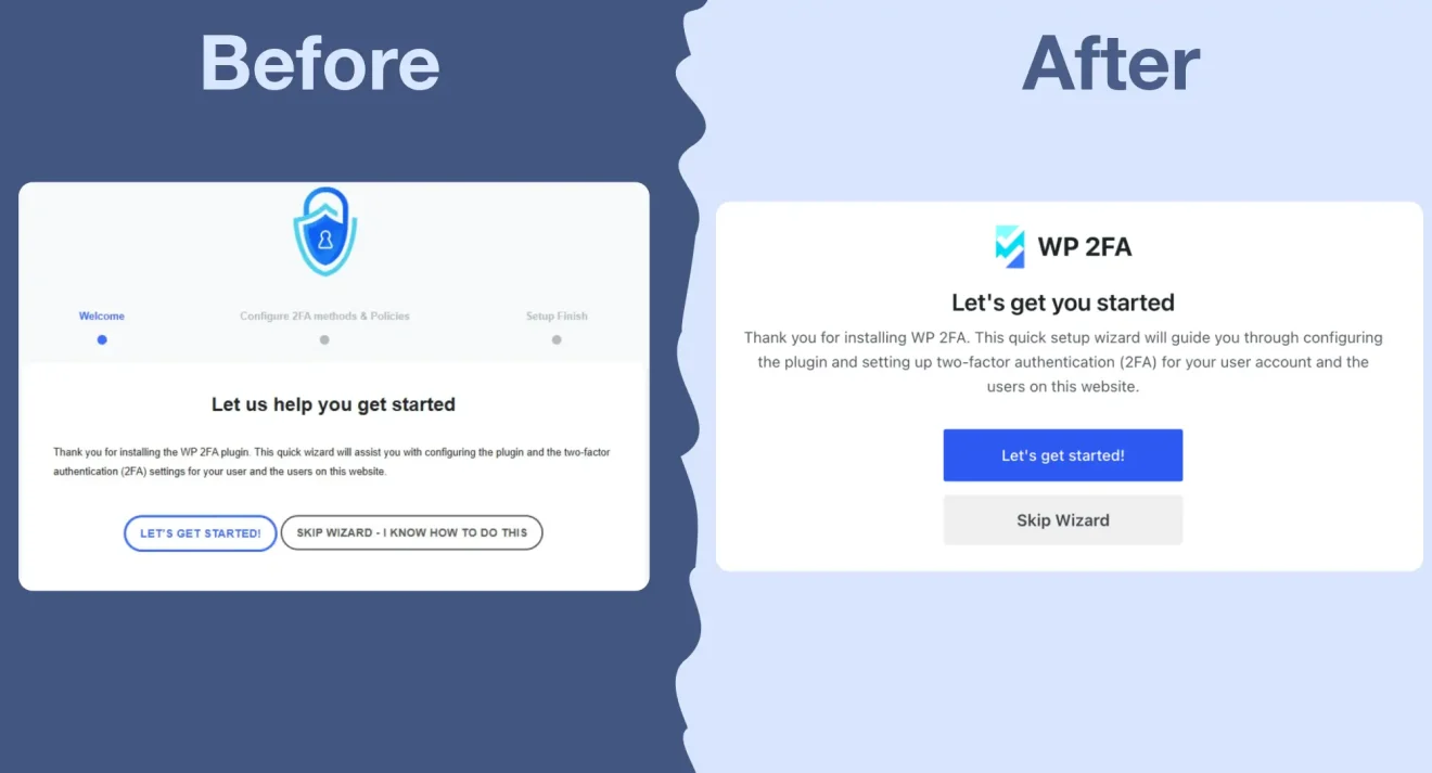 before and after comparison of the WP 2FA setup wizard