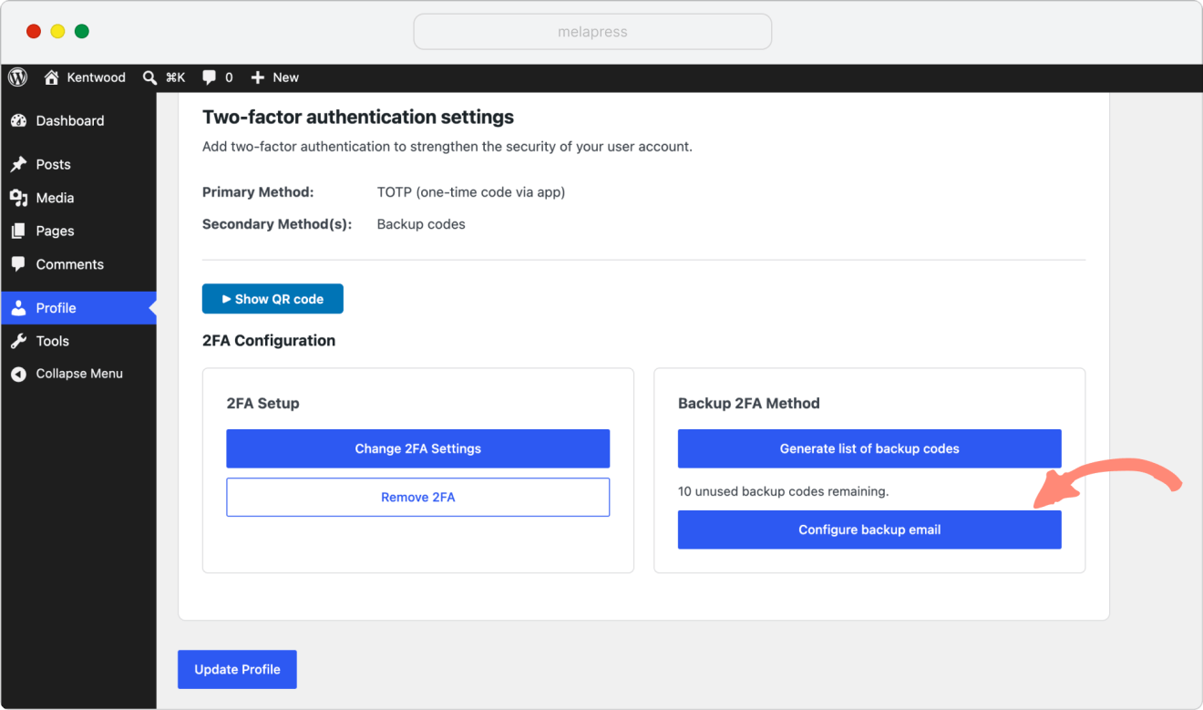 configure backup email in WP 2FA
