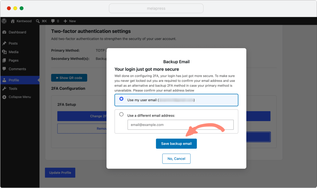 save backup email in WP 2FA setup